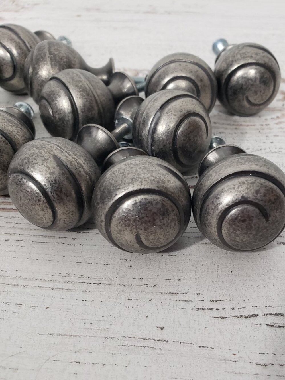 Pewter Color Metal Cabinet Knobs swirl design screws included Set of 6